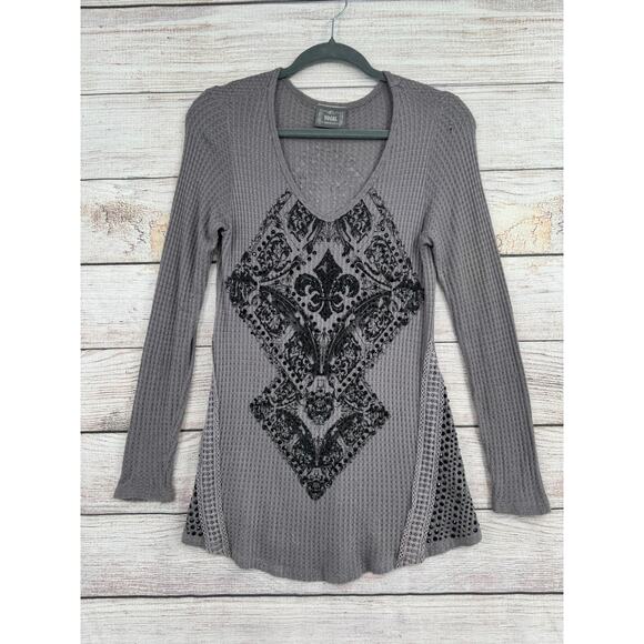 Vocal Embellished Fleur De Lis Print Thermal Shirt Womens Small Gray Waffle Knit - Picture 1 of 10